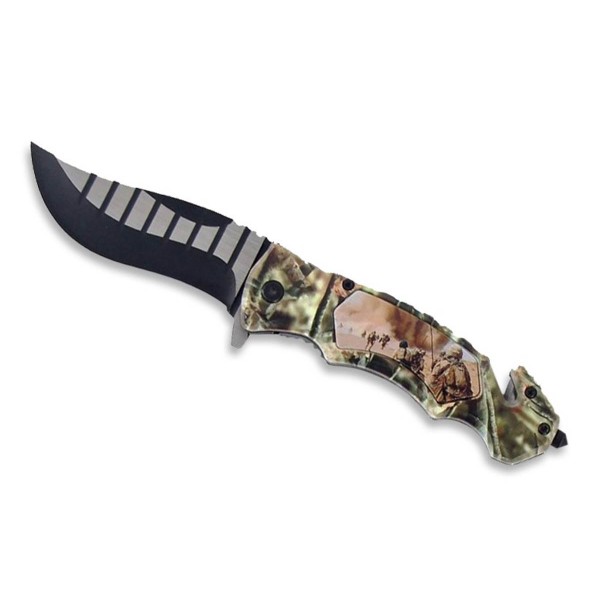 Couteau pliant camo soldats brise vitre et coupe ceinture lame 10cm