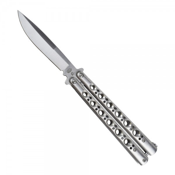 COUTEAU PAPILLON MILITAIRE MANCHE ALU ARGENT LAME DE 10 CM